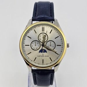 Captain John Women's Watch 42MM Gold Dial Blue Faux Leather Bands New Battery